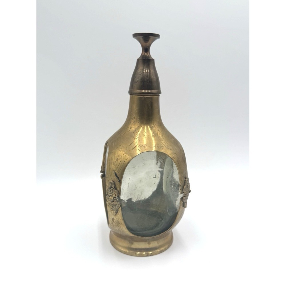 Brass Encased Glass Decanter With Shot Glass Lid Non King Vintage